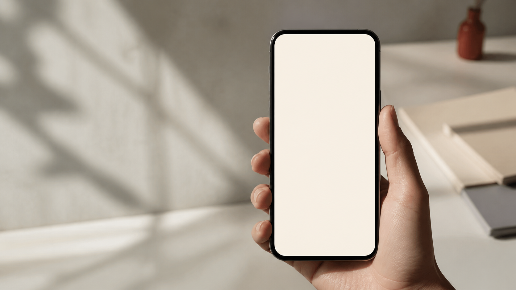A phone held in one hand, with a quiet blank screen.