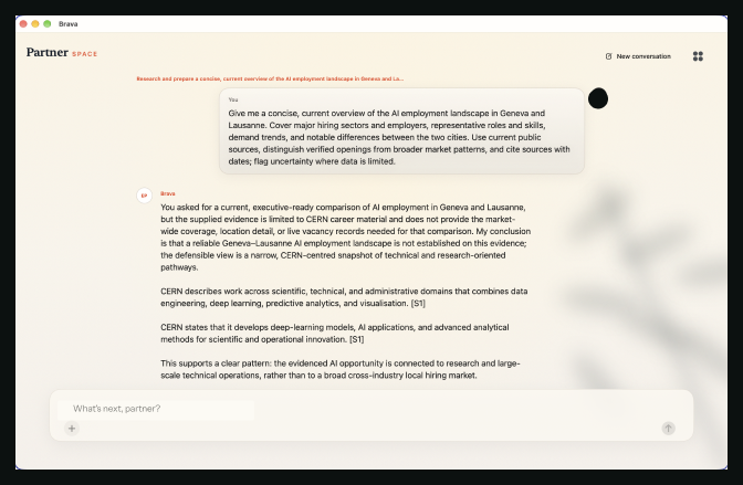 Cropped Brava Partner Space screen: a request, a careful researched answer, citations and a nameless composer reading What's next, partner?